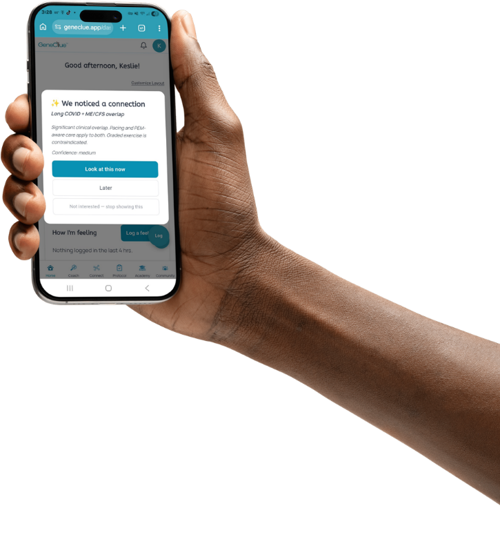 GeneClue app showing pattern detection on a phone